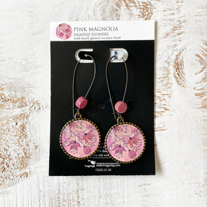 Hoop Earrings with ceramic bead - Pink Magnolia, Painted Flowers