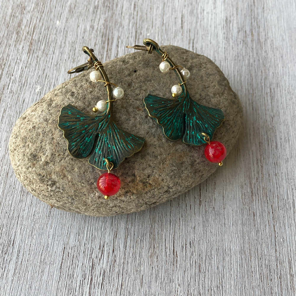 Earrings - Gingko Leaf - Dragons Blood Stone And Pearls