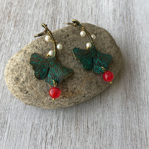 Earrings - Gingko Leaf - Dragons Blood Stone And Pearls