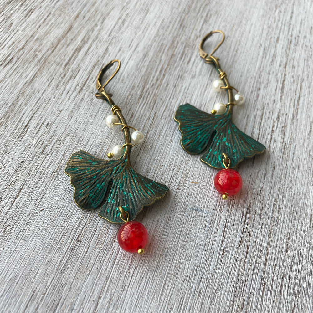 Earrings - Gingko Leaf - Dragons Blood Stone And Pearls