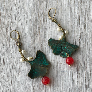 Earrings - Gingko Leaf - Dragons Blood Stone And Pearls