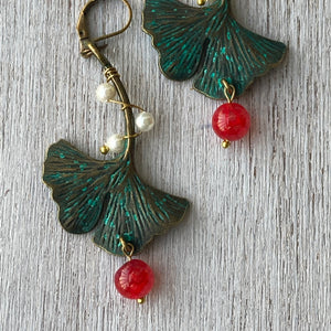 Earrings - Gingko Leaf - Dragons Blood Stone And Pearls