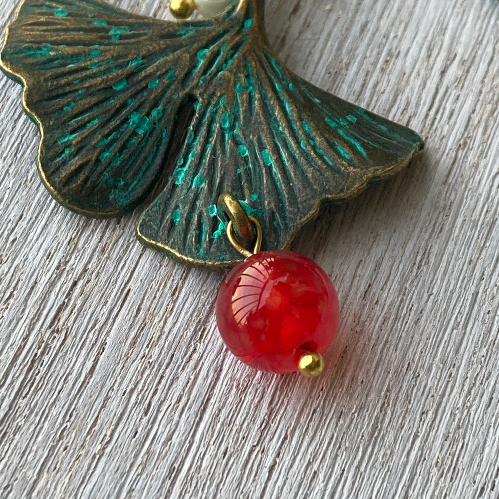 Earrings - Gingko Leaf - Dragons Blood Stone And Pearls