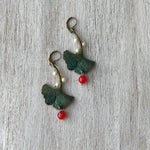 Earrings - Gingko Leaf - Dragons Blood Stone And Pearls