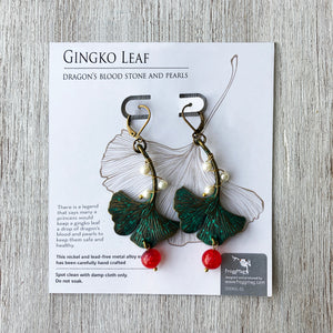 Earrings - Gingko Leaf - Dragons Blood Stone And Pearls