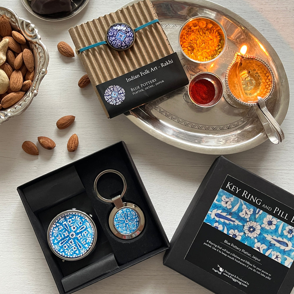 Rakhi Gift Hampers- Blue Pottery - Rakhi with Pill Box and Key Ring