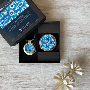 Rakhi Gift Hampers- Blue Pottery - Rakhi with Pill Box and Key Ring