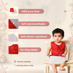 Baby Girl Red Linen Top and Blue Shorts - Set of 2
