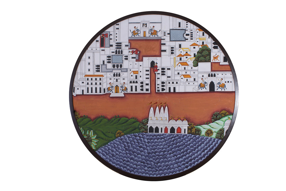Circular Pichvai: Nathdwara Map (Shrine) Framed