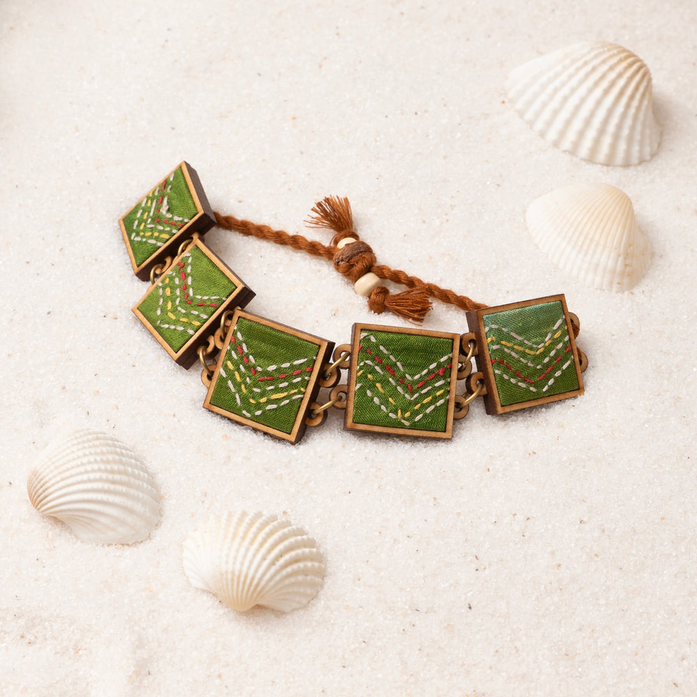 Hand Embroidered Green Repurposed Silk Fabric and Wood Bracelet
