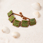 Hand Embroidered Green Repurposed Silk Fabric and Wood Bracelet