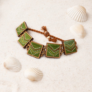 Hand Embroidered Green Repurposed Silk Fabric and Wood Bracelet