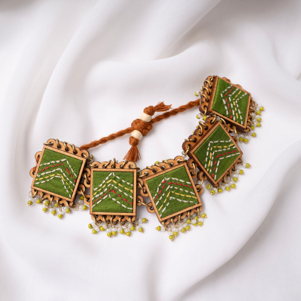 Kantha Green Repurposed Silk Fabric and Wood Bracelet With Beads