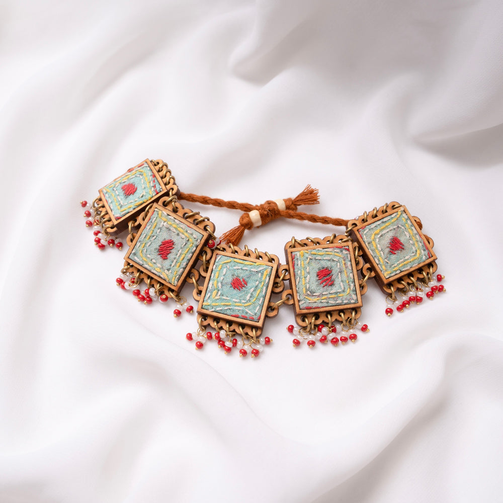 Kantha Columbia Blue Repurposed Silk Fabric and Wood Beads Bracelet