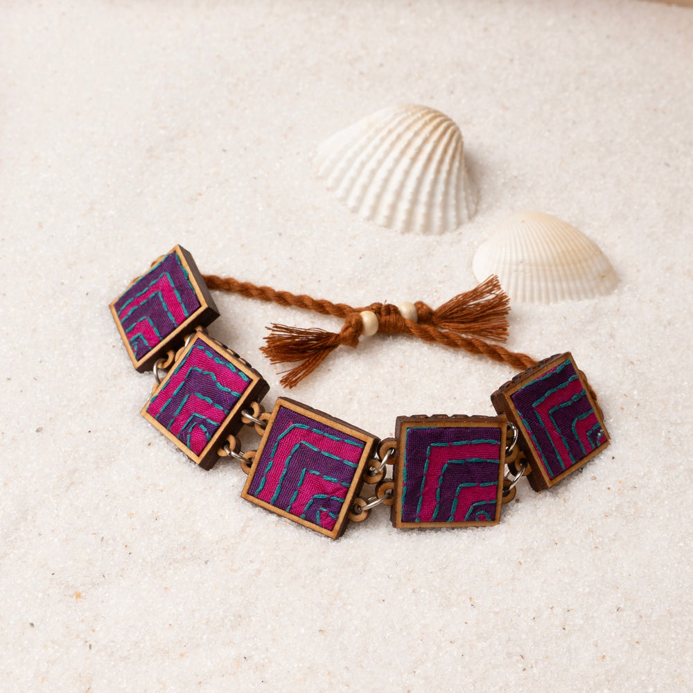 Pink Purple Kantha Repurposed Silk Fabric and Wood Bracelet