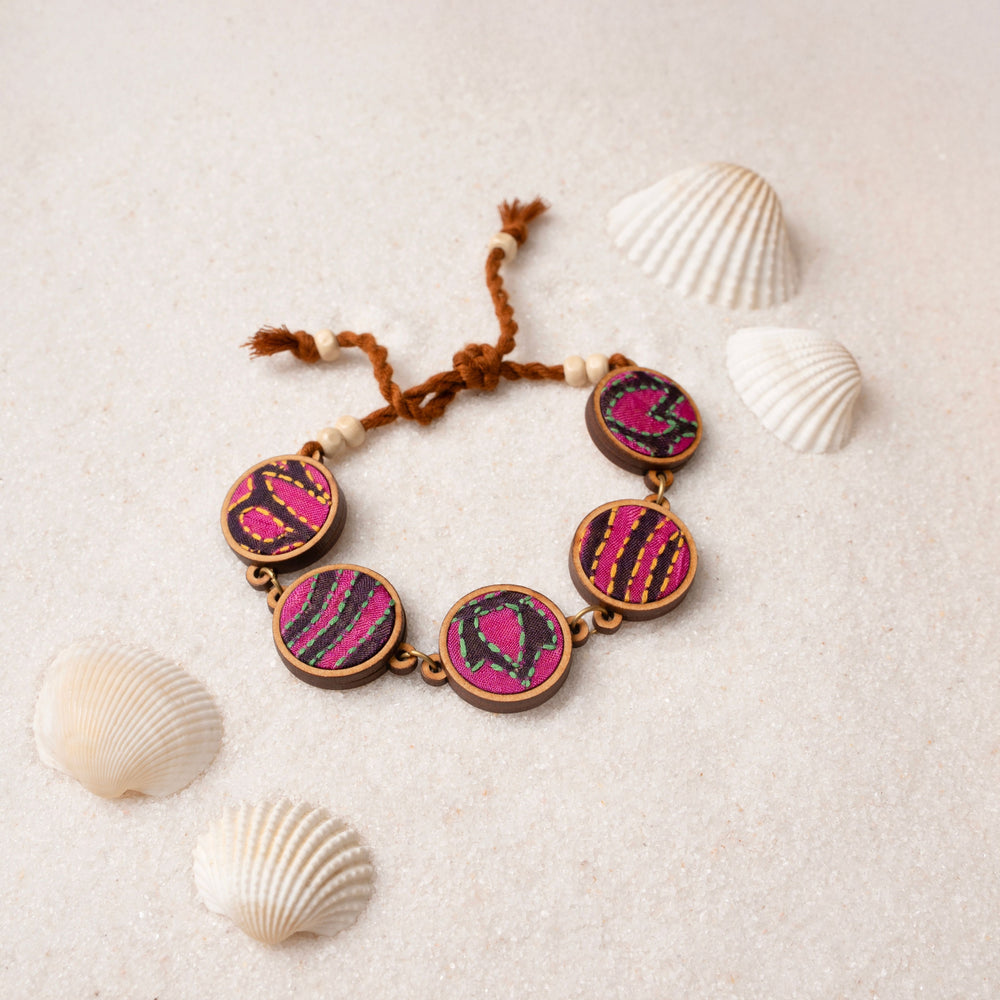 Multicolor Kantha Silk Fabric and Repurposed Wood Bracelet