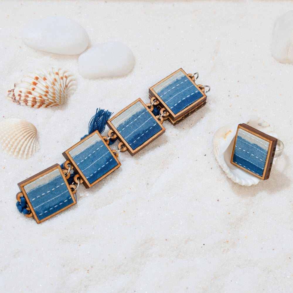 Shades of Indigo Blue Repurposed Fabric and Wood Square Bracelet