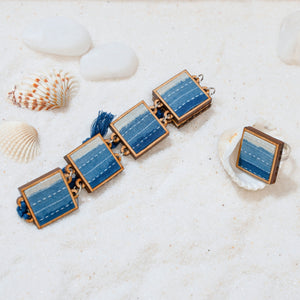 Shades of Indigo Blue Repurposed Fabric and Wood Square Bracelet
