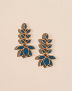 Teal Leaf Motif Fabric and Wood Earrings