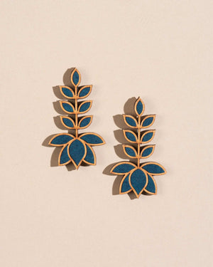 Teal Leaf Motif Fabric and Wood Earrings