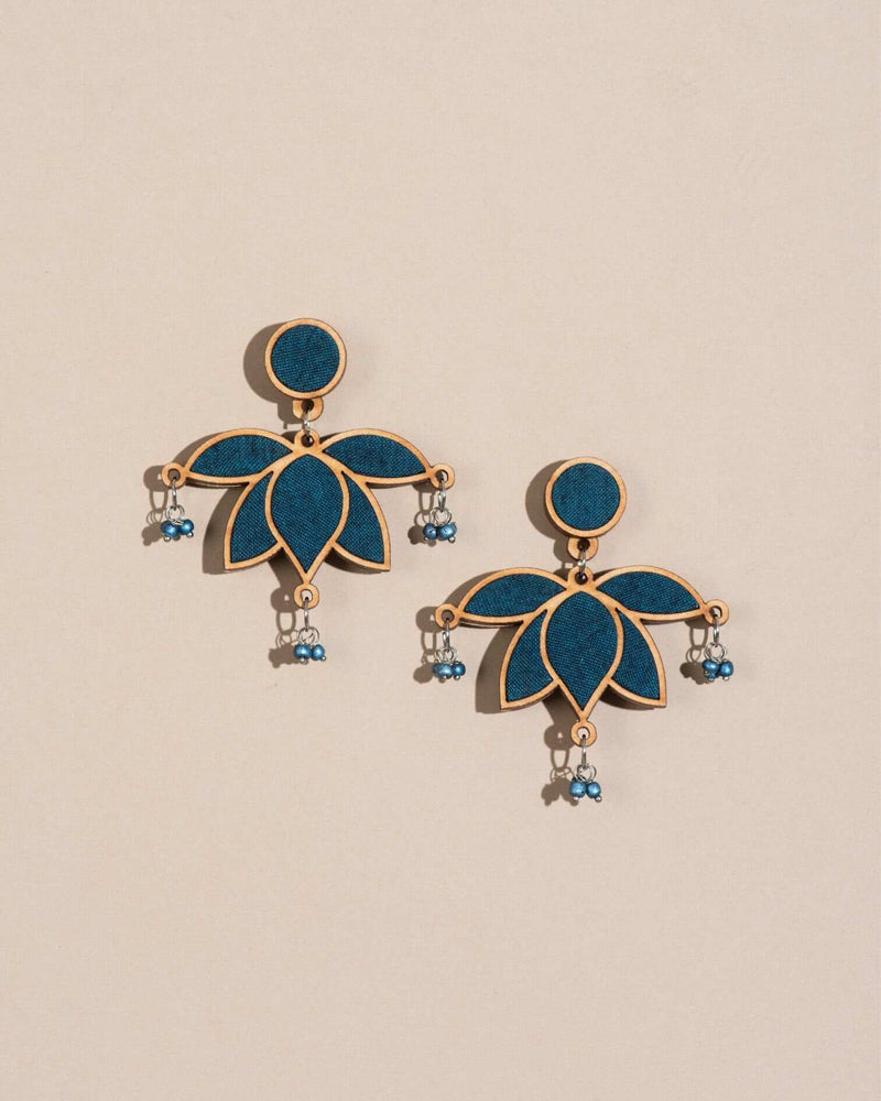 Teal Lotus Fabric and Wood Earrings