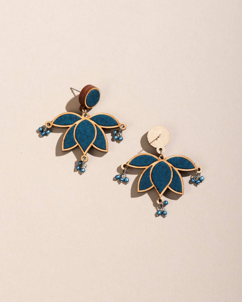Teal Lotus Fabric and Wood Earrings