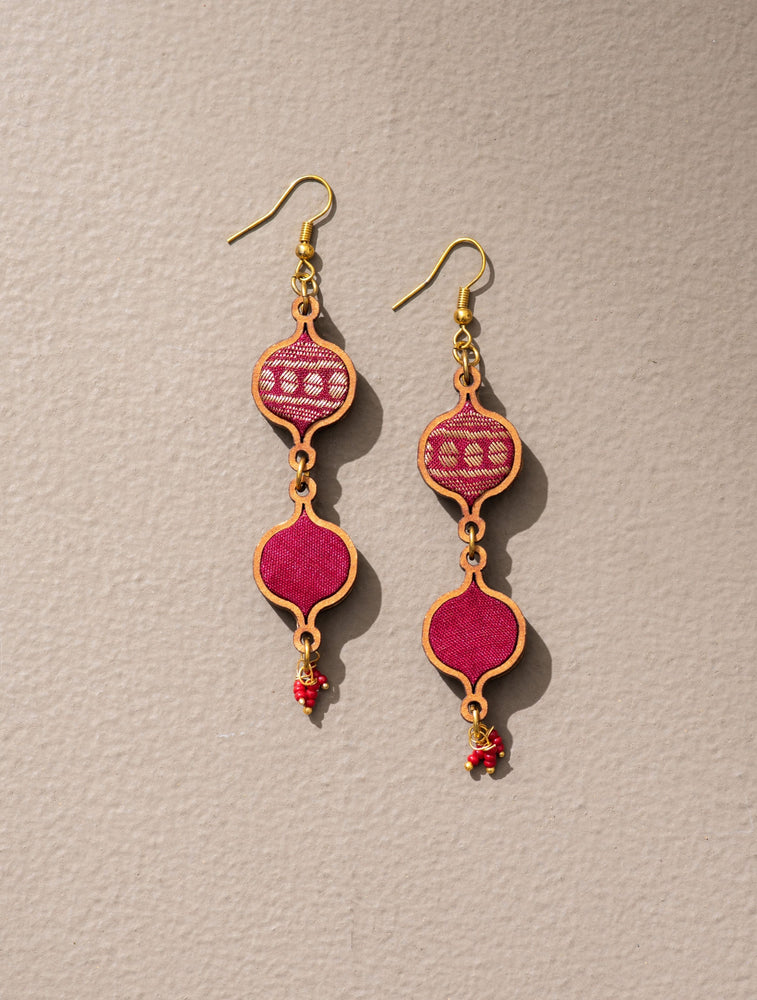 Red and Gold Festive Layered Upcycled Fabric and Wood Earrings