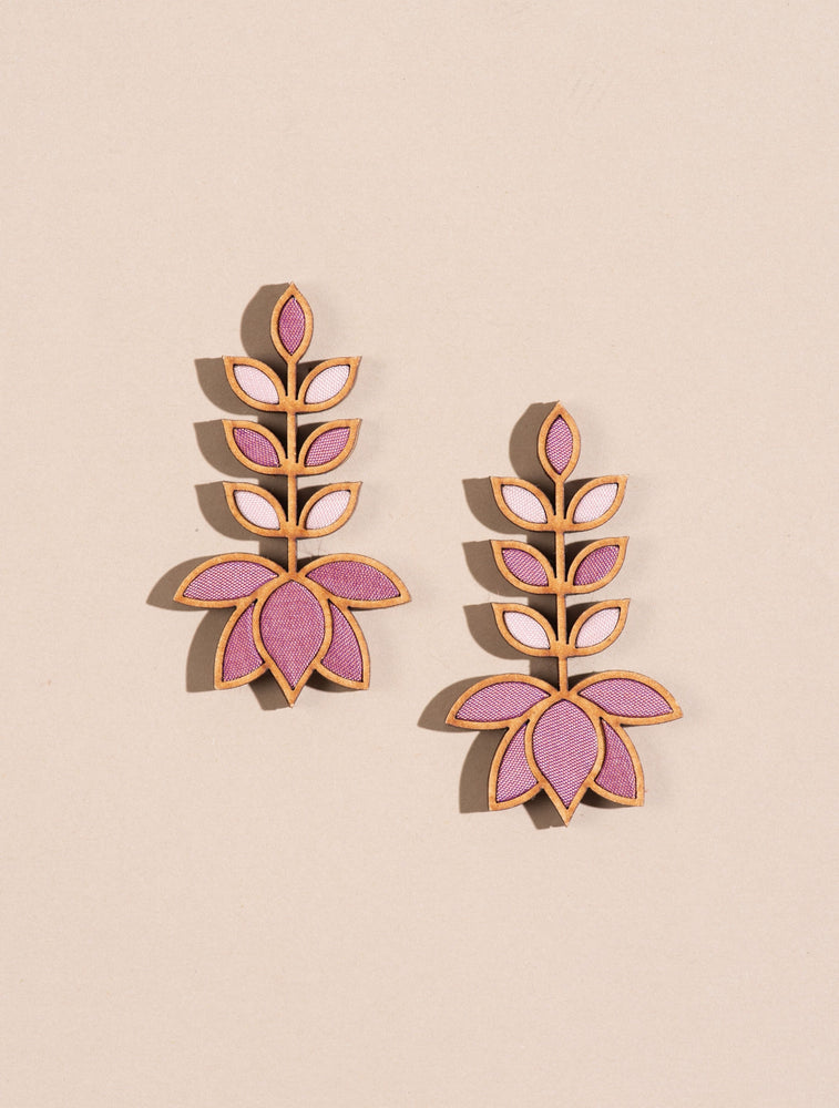 Light Pink Festive Leaf Motif Upcycled Fabric and Wood Earrings