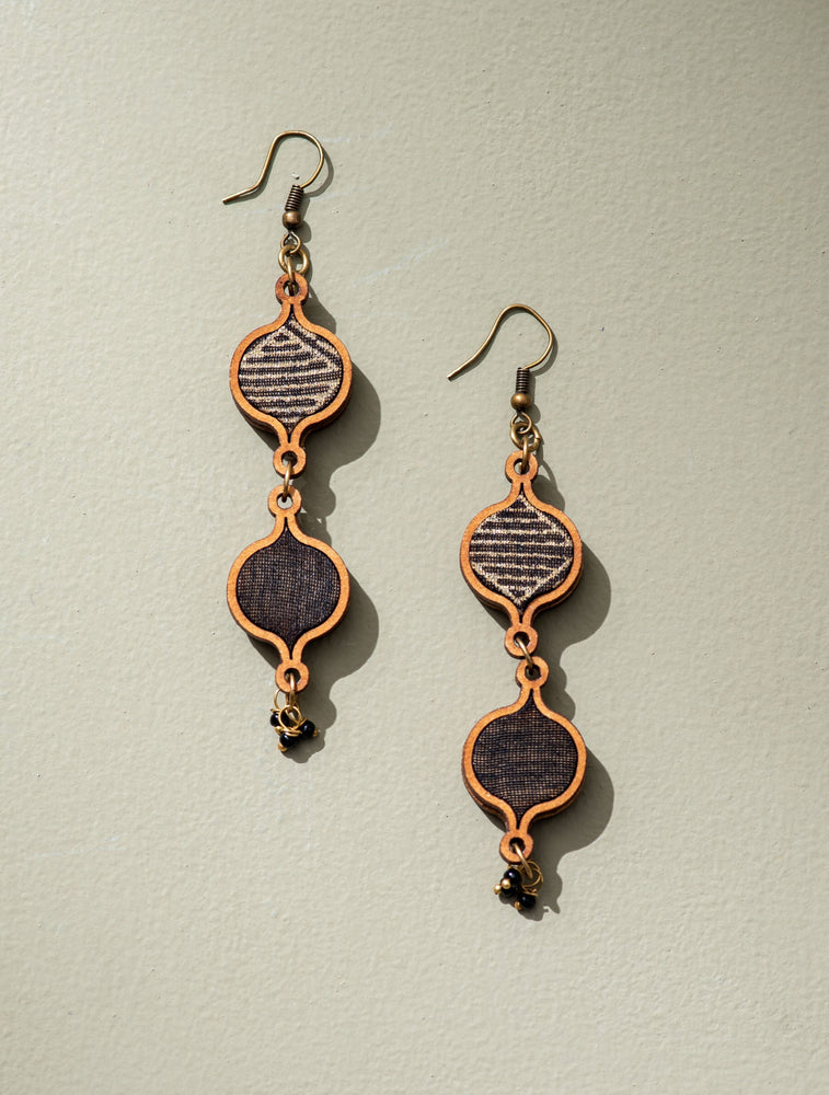 Black and Gold Festive Layered Upcycled Fabric and Wood Earrings