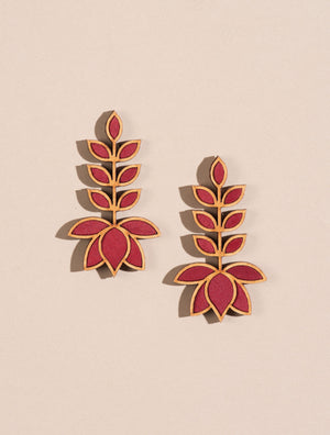 Red Festive Leaf Motif Upcycled Fabric and Wood Earrings