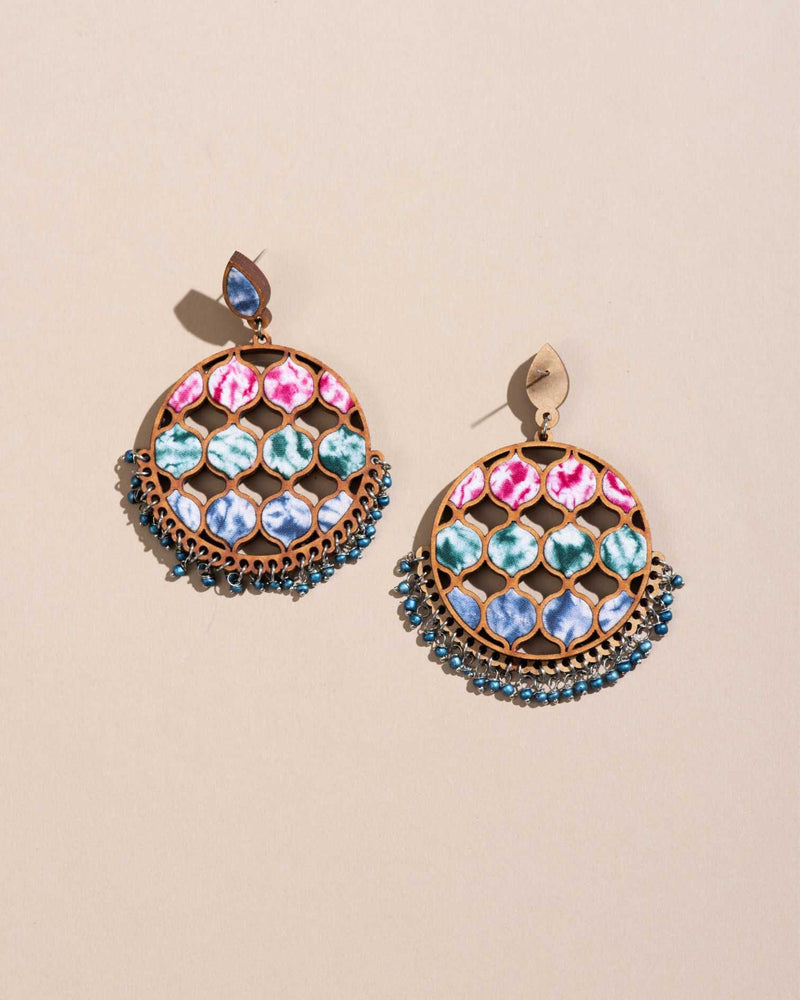 Handcrafted Multicolor Tie and Dye Wood and Fabric Earrings