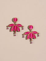 Pink Pure Georgette Bandhani Upcycled Fabric and Wood Lotus Earrings