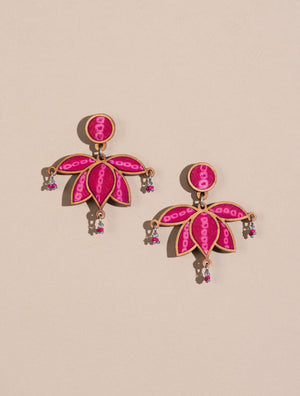 Pink Pure Georgette Bandhani Upcycled Fabric and Wood Lotus Earrings