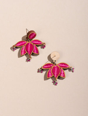 Pink Pure Georgette Bandhani Upcycled Fabric and Wood Lotus Earrings