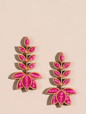 Pink Pure Georgette Bandhani Upcycled Fabric and Wood Lotus Earrings