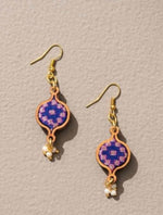 Blue Brocade Festive Fabric and Wood Earrings