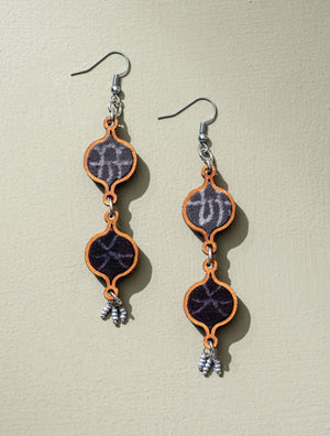 Grey Tribal Motif Repurposed Fabric and Wood Earrings