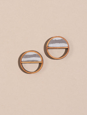 Grey Line Repurposed Fabric and Wood Semi Circle Stud Earrings