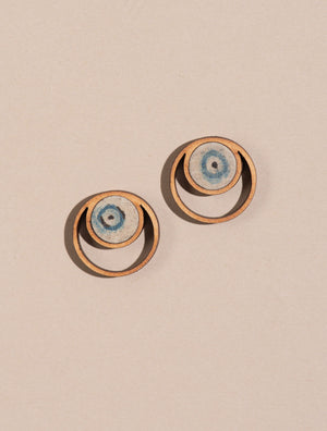 Blue Beige Ajrakh Fabric and Repurposed Wood Stud Earrings