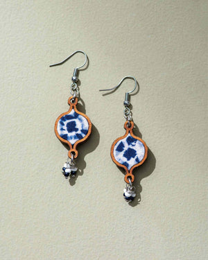 Handcrafted Navy Blue Tie and Dye Wood and Fabric Danglers