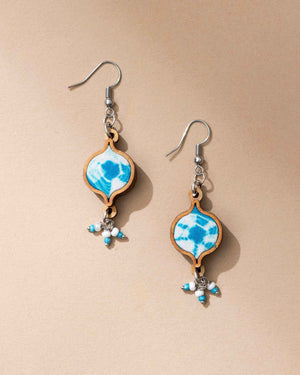 Handcrafted Turquoise Tie and Dye Wood and Fabric Danglers