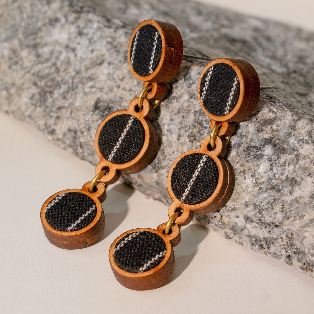 Black Repurposed Fabric and Wood Connecting Round Earring