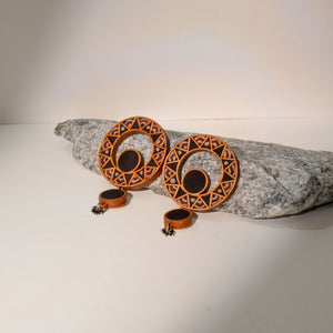 Black Wheel Repurposed Ajrakh Fabric and Wood Earrings