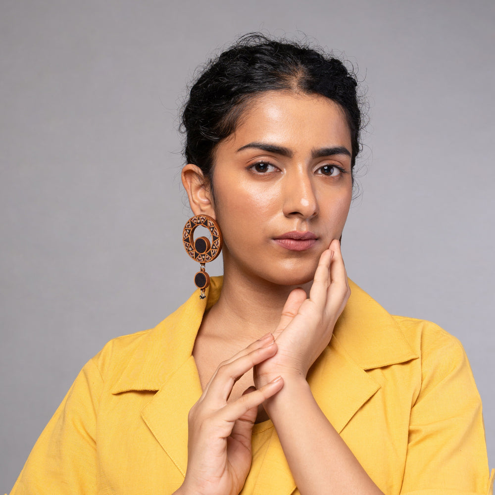 Black Wheel Repurposed Ajrakh Fabric and Wood Earrings