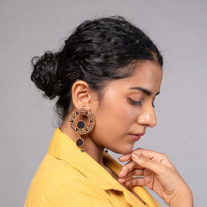 Black Wheel Repurposed Ajrakh Fabric and Wood Earrings