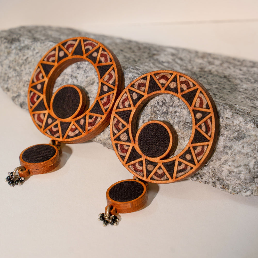 Black Wheel Repurposed Ajrakh Fabric and Wood Earrings