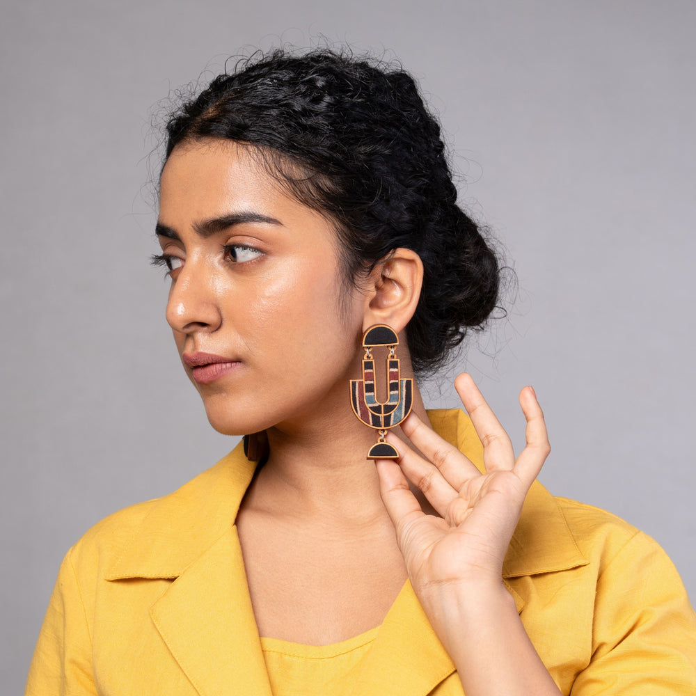 Black Stripe Ajrakh Repurposed Fabric and Wood Earrings