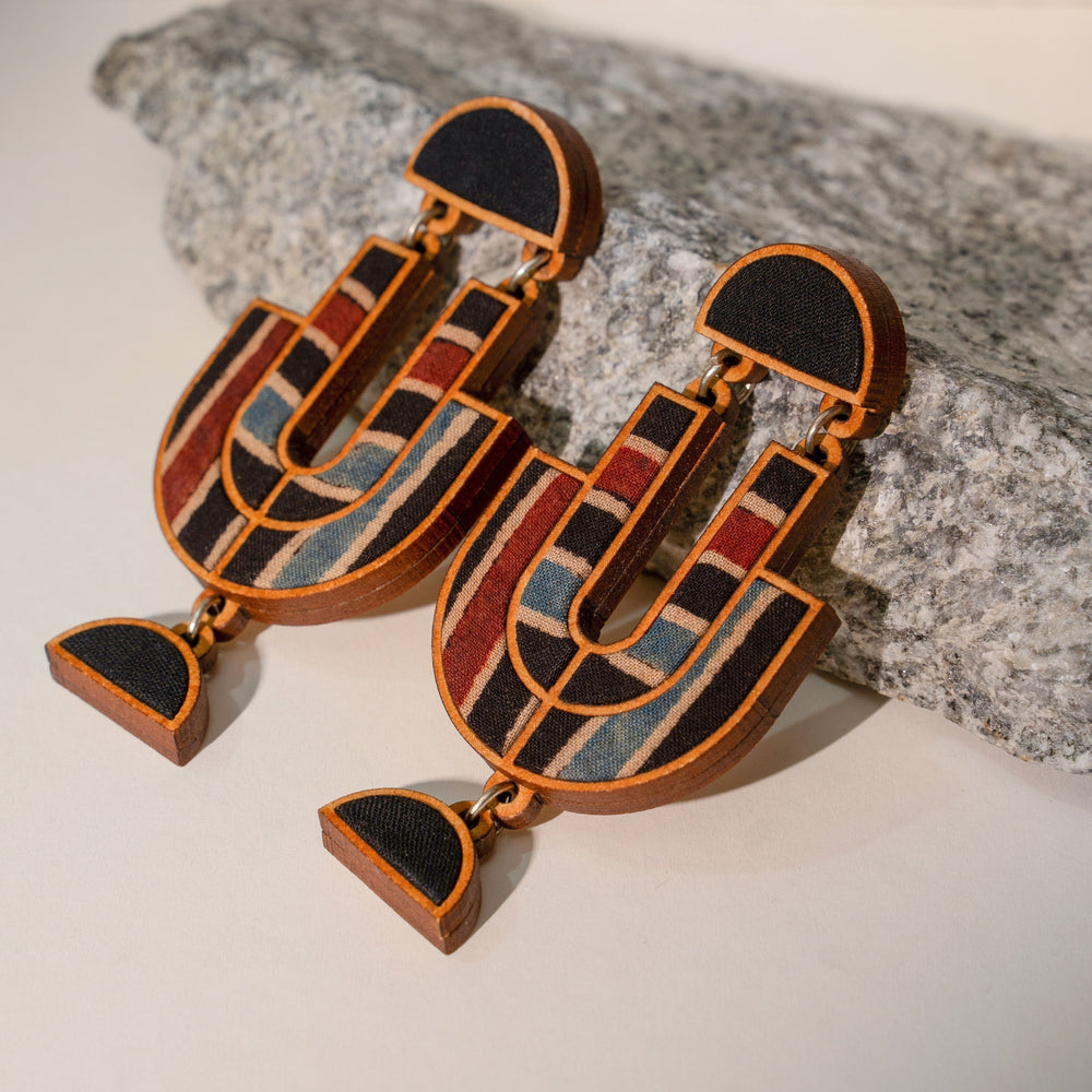 Black Stripe Ajrakh Repurposed Fabric and Wood Earrings