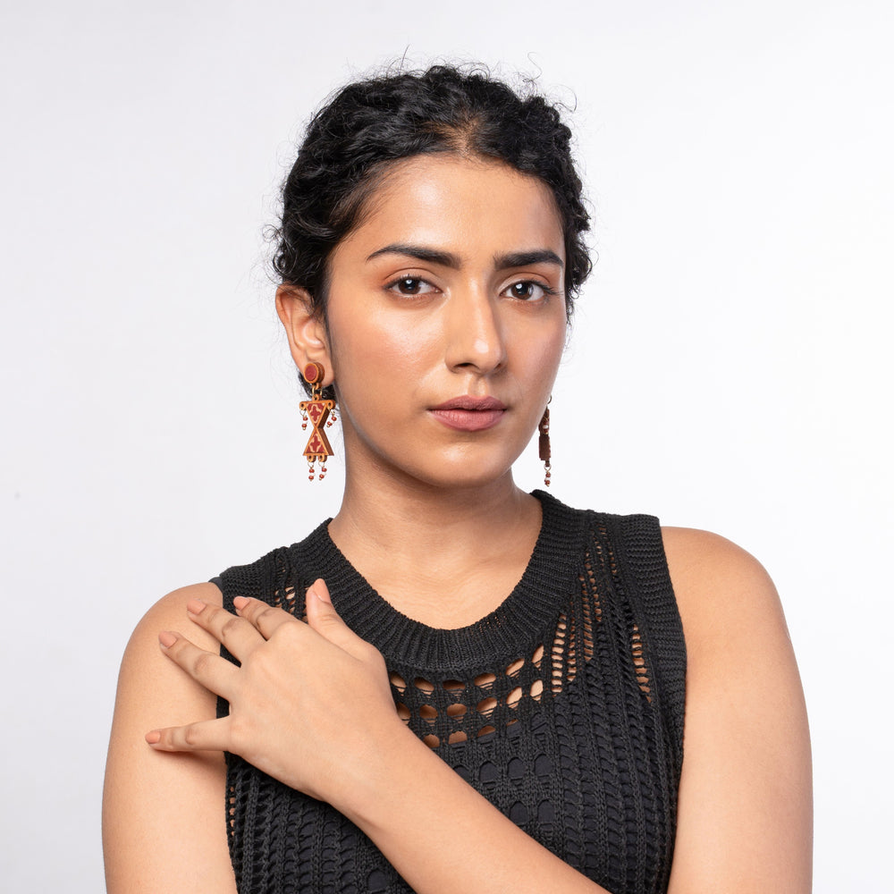 Worli Inspired Maroon Repurposed Fabric and Wood Earrings