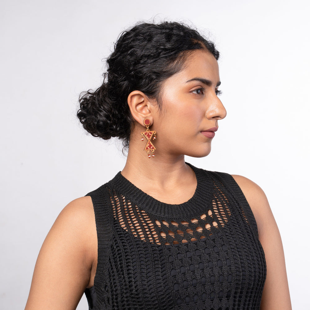 Worli Inspired Maroon Repurposed Fabric and Wood Earrings